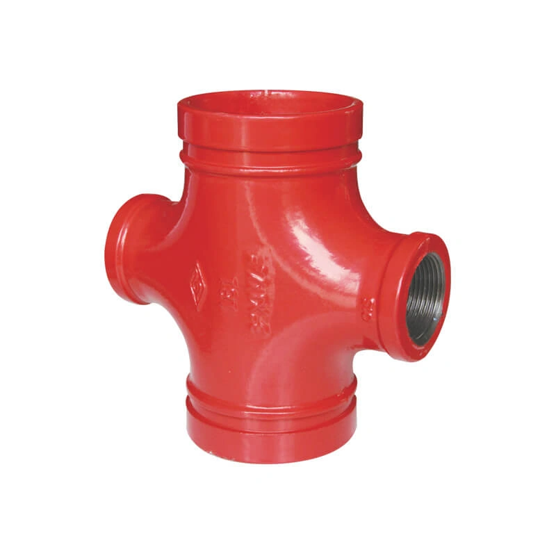 Grooved reducing cross with female threaded branch